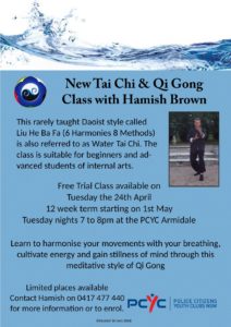 Tai Chi & Qi Gong Poster new class at the PCYC Armidale